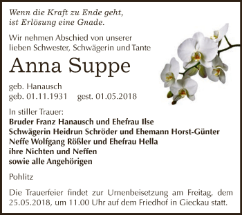 Traueranzeige von Anna Suppe von WVG - Wochenspiegel NMB / WSF / ZTZ