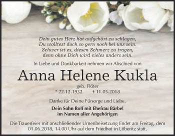Traueranzeige von Anna Helene Kukla von WVG - Wochenspiegel Bitterfeld
