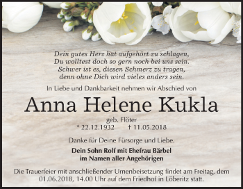 Traueranzeige von Anna Helene Kukla von Mitteldeutsche Zeitung Bitterfeld