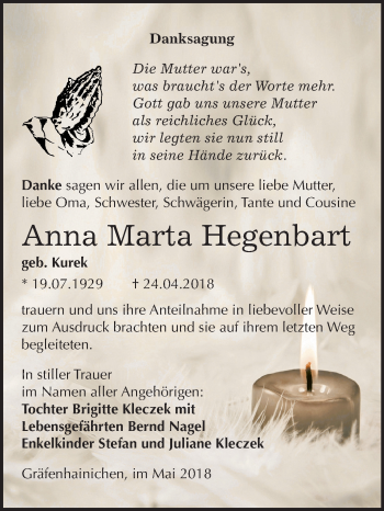 Traueranzeige von Anna Marta Hegenbart von Mitteldeutsche Zeitung