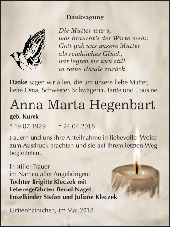 Traueranzeige von Anna Marta Hegenbart von WVG - Wochenspiegel Wittenberg