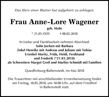Traueranzeige von Anne-Lore Wagener von Mitteldeutsche Zeitung Quedlinburg
