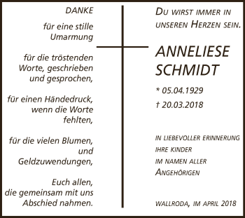 Traueranzeige von Anneleise Schmidt von WVG - Wochenspiegel NMB / WSF / ZTZ