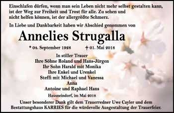 Traueranzeige von Annelies Strugalla von WVG - Wochenspiegel Quedlinburg