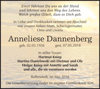 Traueranzeige von Anneliese Dannenberg von WVG - Wochenspiegel Quedlinburg