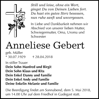 Traueranzeige von Anneliese Gebert von Mitteldeutsche Zeitung