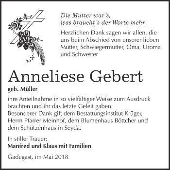 Traueranzeige von Anneliese Gebert von WVG - Wochenspiegel Wittenberg