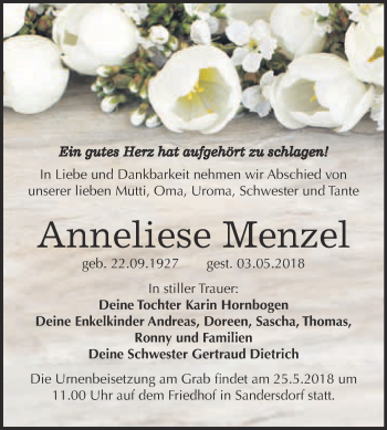 Traueranzeige von Anneliese Menzel von WVG - Wochenspiegel Bitterfeld