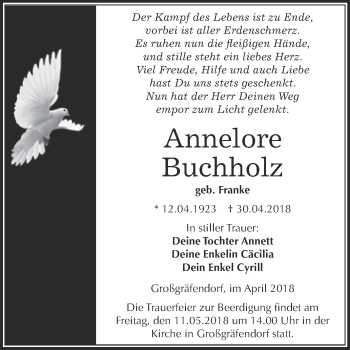 Traueranzeige von Annelore Buchholz von WVG - Wochenspiegel Merseburg
