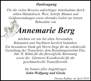 Traueranzeige von Annemarie Berg von Mitteldeutsche Zeitung Dessau-Roßlau