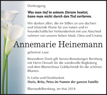 Traueranzeige von Annemarie Heinemann von Mitteldeutsche Zeitung Bernburg
