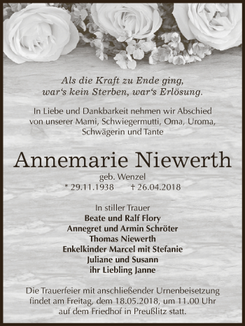 Traueranzeige von Annemarie Niewerth von Super Sonntag Bernburg