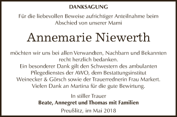 Traueranzeige von Annemarie Niewerth von Super Sonntag Bernburg