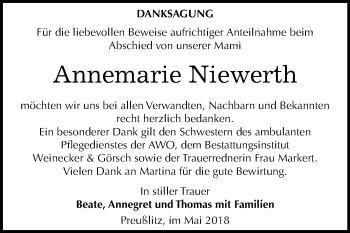Traueranzeige von Annemarie Niewerth von Mitteldeutsche Zeitung Bernburg