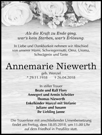 Traueranzeige von Annemarie Niewerth von Mitteldeutsche Zeitung Bernburg