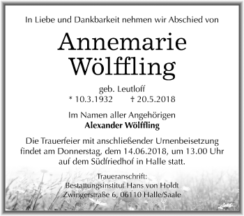 Traueranzeige von Annemarie Wölffling von Mitteldeutsche Zeitung Halle/Saalkreis