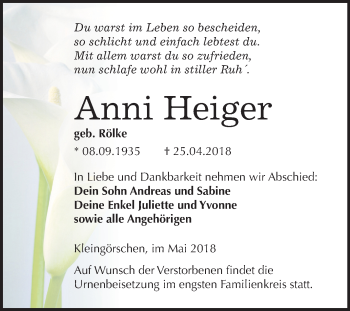 Traueranzeige von Anni Heiger von Mitteldeutsche Zeitung Weißenfels
