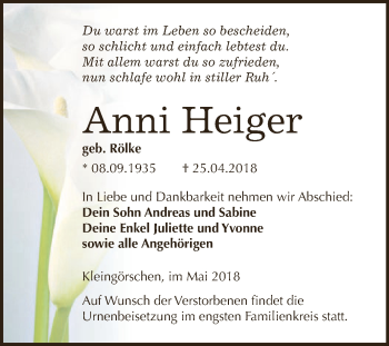 Traueranzeige von Anni Heiger von WVG - Wochenspiegel NMB / WSF / ZTZ