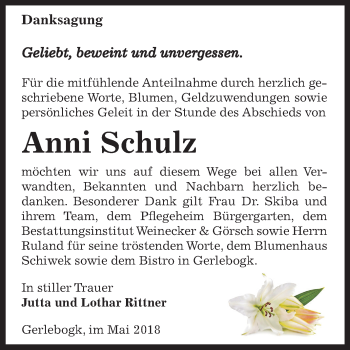 Traueranzeige von Anni Schulz von Mitteldeutsche Zeitung Bernburg