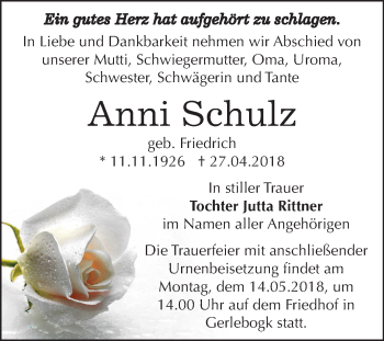 Traueranzeige von Anni Schulz von Mitteldeutsche Zeitung Bernburg