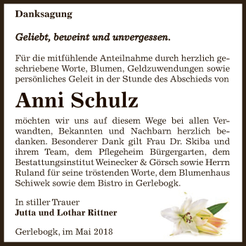 Traueranzeige von Anni Schulz von Super Sonntag Bernburg