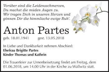 Traueranzeige von Anton Partes von Mitteldeutsche Zeitung Halle/Saalkreis