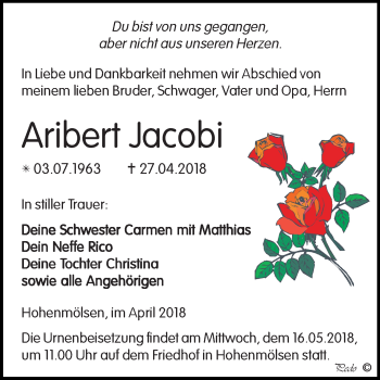 Traueranzeige von Aribert Jacobi von Mitteldeutsche Zeitung Weißenfels