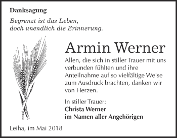 Traueranzeige von Armin Werner von WVG - Wochenspiegel Merseburg