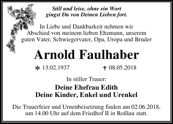Traueranzeige von Arnold Faulhaber von Mitteldeutsche Zeitung Dessau-Roßlau