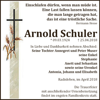 Traueranzeige von Arnold Schuler von Super Sonntag Aschersleben