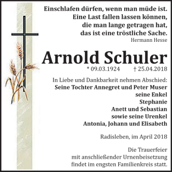 Traueranzeige von Arnold Schuler von Mitteldeutsche Zeitung Quedlinburg