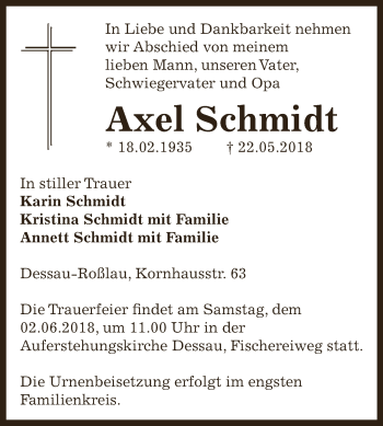 Traueranzeige von Axel Schmidt von WVG - Wochenspiegel Dessau / Köthen