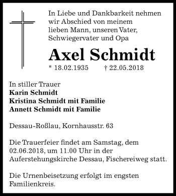Traueranzeige von Axel Schmidt von Mitteldeutsche Zeitung Dessau-Roßlau