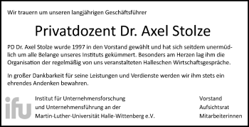 Traueranzeige von Axel Stolze von Mitteldeutsche Zeitung Halle/Saalkreis