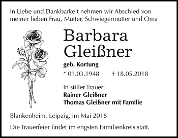 Traueranzeige von Barbara Gleißner von Mitteldeutsche Zeitung