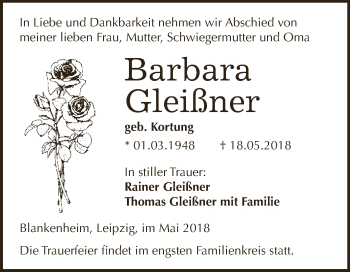 Traueranzeige von Barbara Gleißner von Super Sonntag SGH Mansf. Land