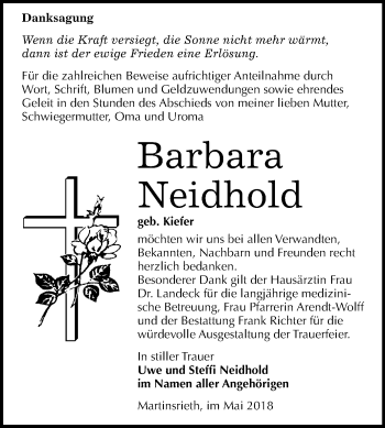 Traueranzeige von Barbara Neidhold von Mitteldeutsche Zeitung Sangerhausen