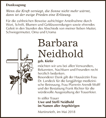 Traueranzeige von Barbara Neidhold von Super Sonntag SGH Mansf. Land