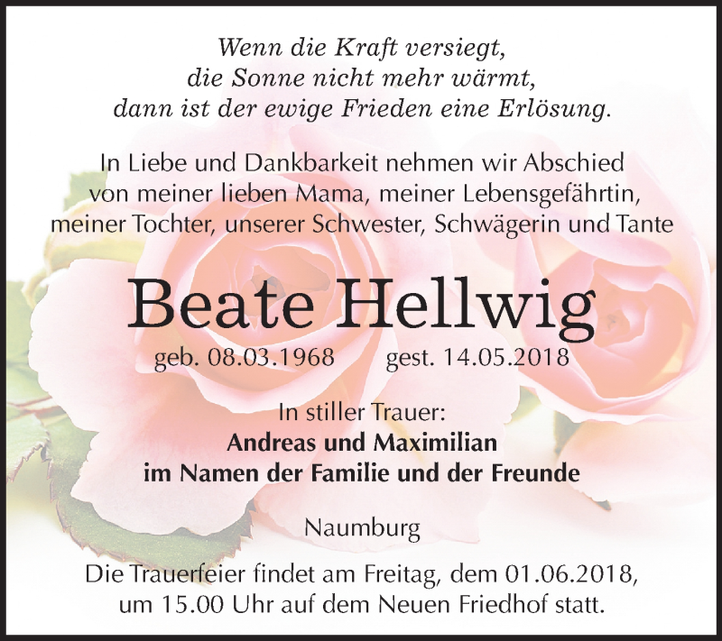  Traueranzeige für Beate Hellwig vom 19.05.2018 aus Mitteldeutsche Zeitung