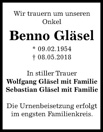 Traueranzeige von Benno Gläsel von Mitteldeutsche Zeitung Bernburg