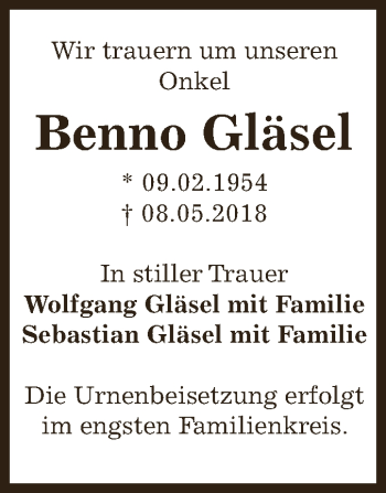 Traueranzeige von Benno Gläsel von Super Sonntag Bernburg