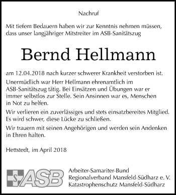 Traueranzeige von Bernd Hellmann von Mitteldeutsche Zeitung