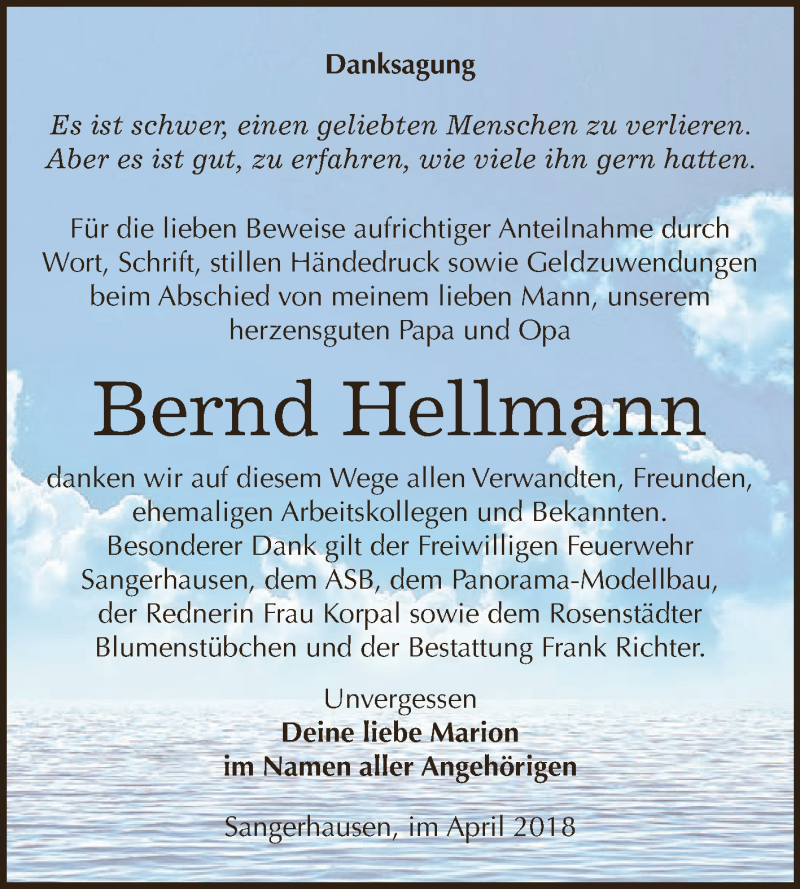  Traueranzeige für Bernd Hellmann vom 12.05.2018 aus Super Sonntag SGH Mansf. Land