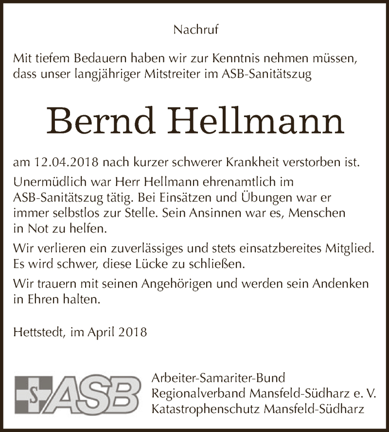  Traueranzeige für Bernd Hellmann vom 05.05.2018 aus Super Sonntag SGH Mansf. Land