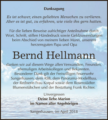 Traueranzeige von Bernd Hellmann von Super Sonntag SGH Mansf. Land