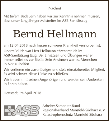 Traueranzeige von Bernd Hellmann von Super Sonntag SGH Mansf. Land