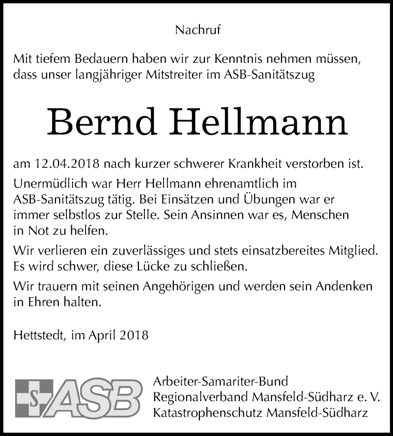  Traueranzeige für Bernd Hellmann vom 05.05.2018 aus Mitteldeutsche Zeitung