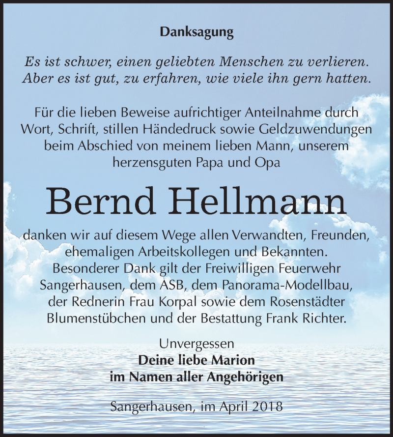  Traueranzeige für Bernd Hellmann vom 12.05.2018 aus Mitteldeutsche Zeitung