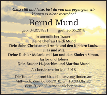 Traueranzeige von Bernd Mund von Mitteldeutsche Zeitung Aschersleben