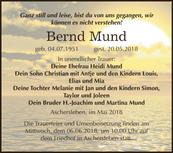 Traueranzeige von Bernd Mund von Super Sonntag Aschersleben